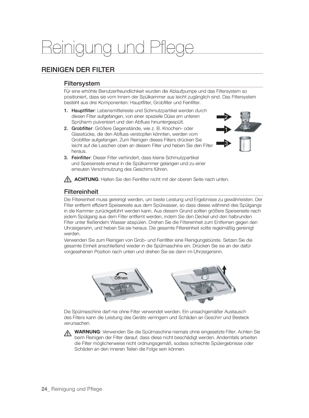 Samsung DW-FN320T/EUR, DW-FN320W/EUR manual Reinigung und Pﬂege, Reinigen DER Filter, Filtersystem, Filtereinheit 