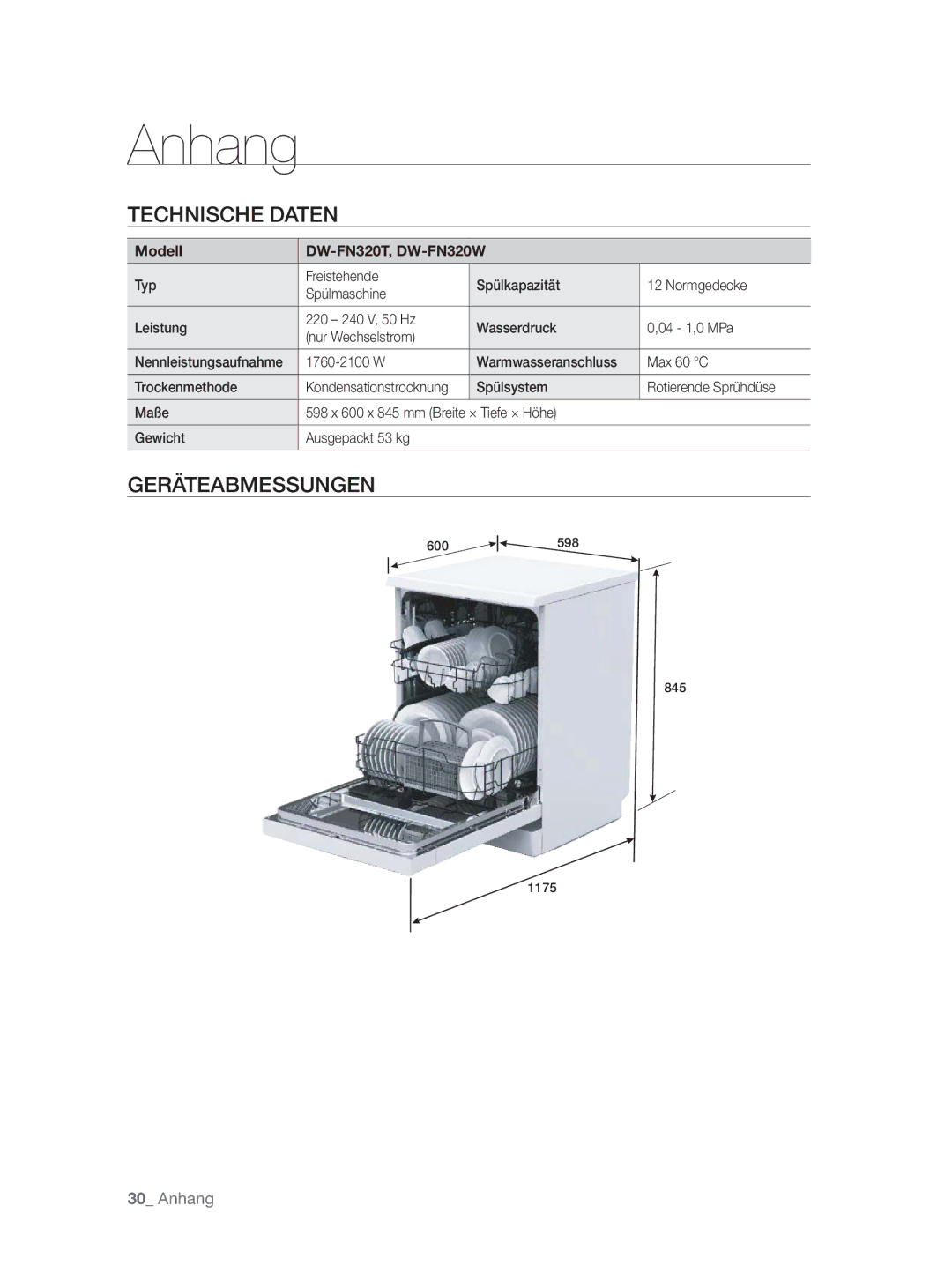 Samsung DW-FN320T/EUR, DW-FN320W/EUR manual Anhang, Technische Daten, Geräteabmessungen, Modell DW-FN320T, DW-FN320W 