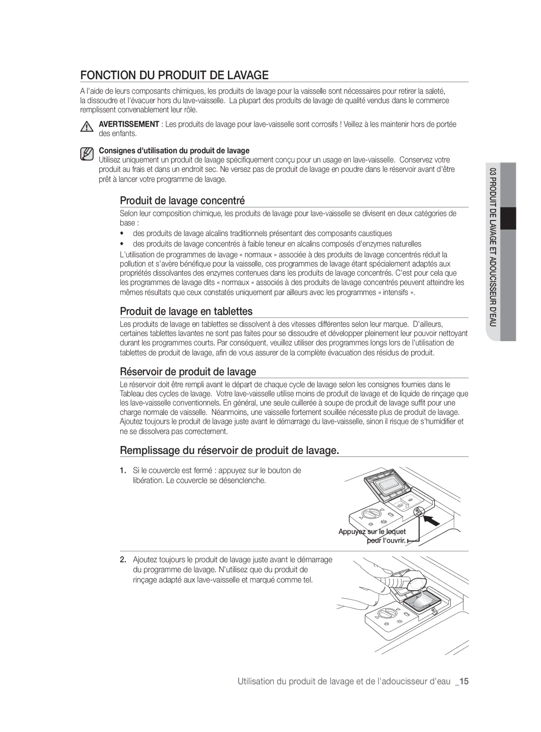 Samsung DW-FN320W/EUR manual Fonction DU Produit DE Lavage, Produit de lavage concentré, Produit de lavage en tablettes 