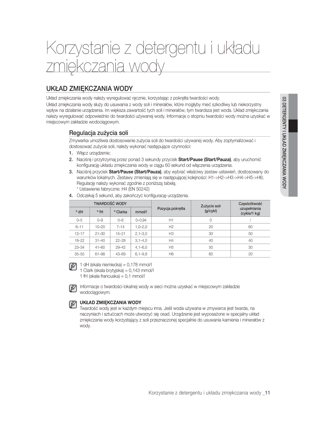 Samsung DW-FN320W/EUR Korzystanie z detergentu i układu zmiękczania wody, Układ Zmiękczania Wody, Regulacja zużycia soli 