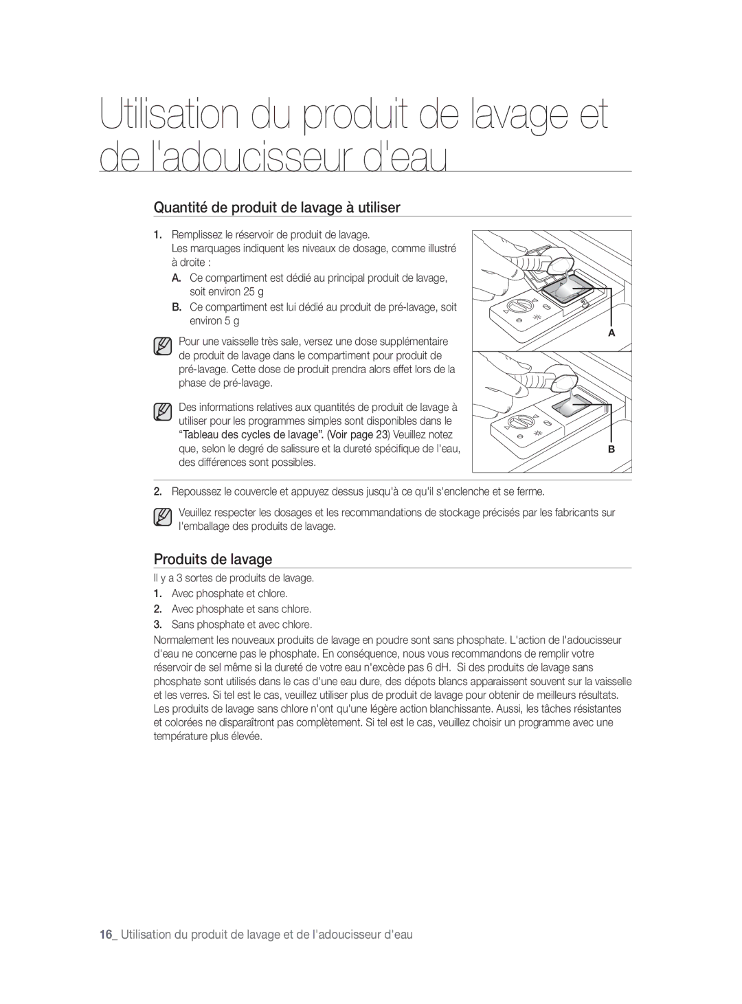 Samsung DW-FN320T/EUR, DW-FN320W/EUR manual Quantité de produit de lavage à utiliser, Produits de lavage 