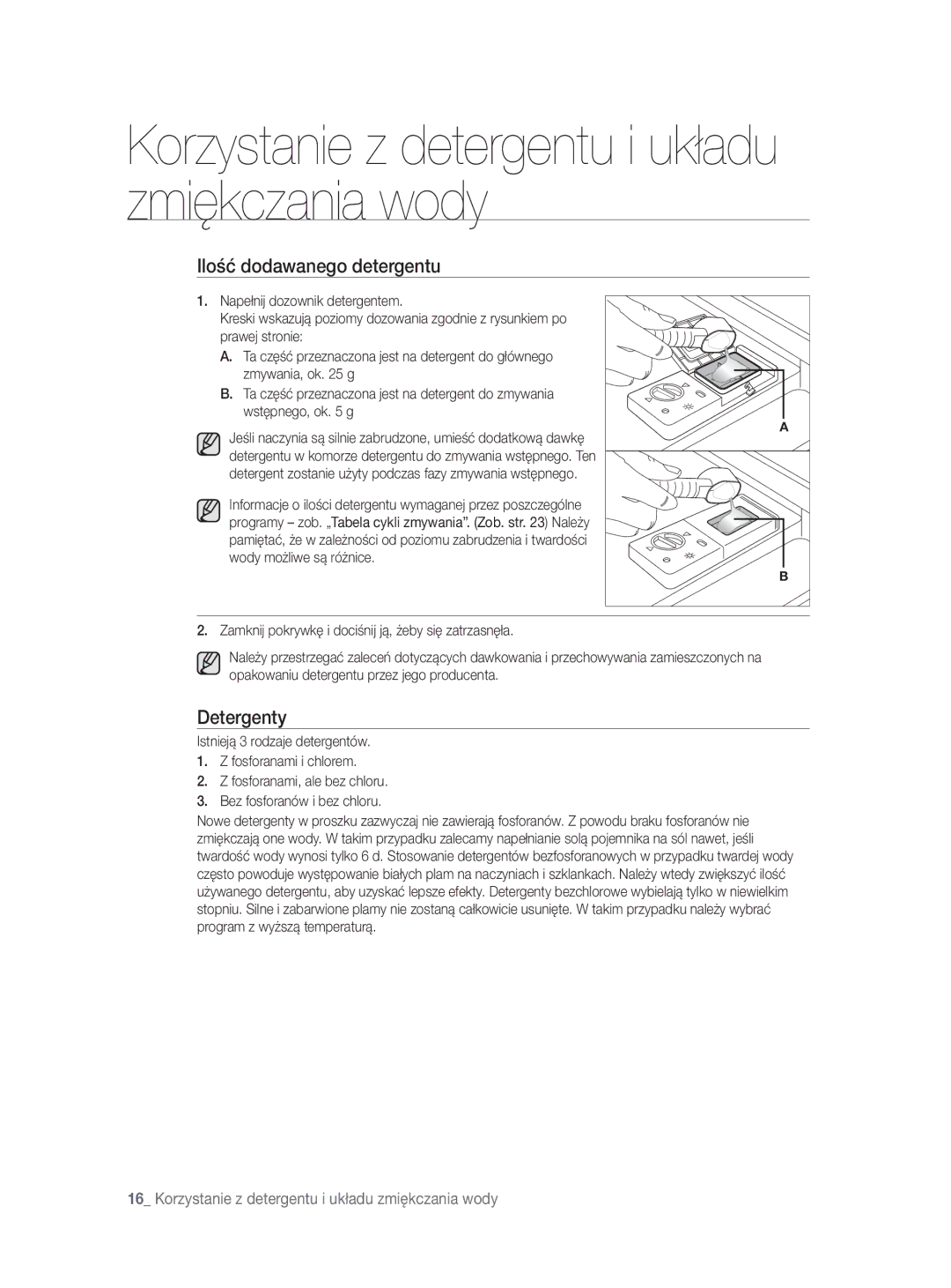 Samsung DW-FN320T/EUR, DW-FN320W/EUR manual Ilość dodawanego detergentu, Detergenty 