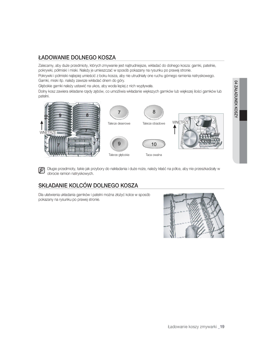 Samsung DW-FN320W/EUR, DW-FN320T/EUR manual Ładowanie Dolnego Kosza, Składanie Kolców Dolnego Kosza 