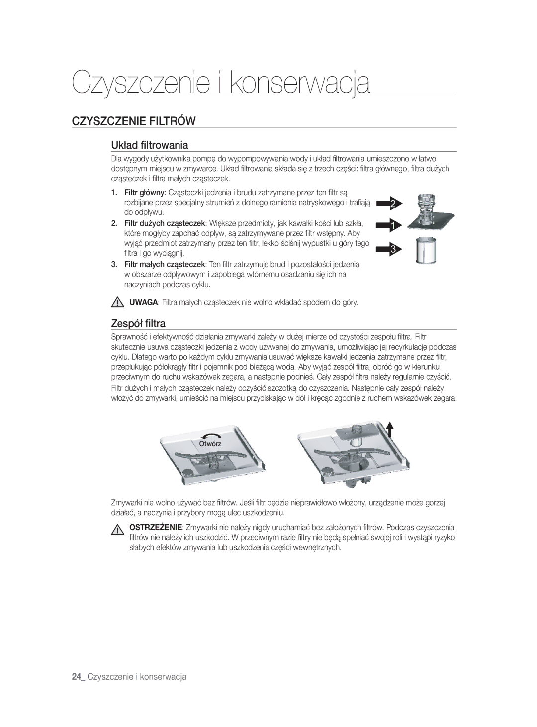 Samsung DW-FN320T/EUR, DW-FN320W/EUR manual Czyszczenie i konserwacja, Czyszczenie Filtrów, Układ ﬁltrowania, Zespół ﬁltra 