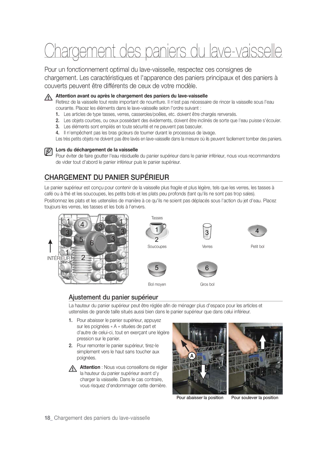 Samsung DW-FN320T/EUR Chargement DU Panier Supérieur, Ajustement du panier supérieur, Lors du déchargement de la vaisselle 