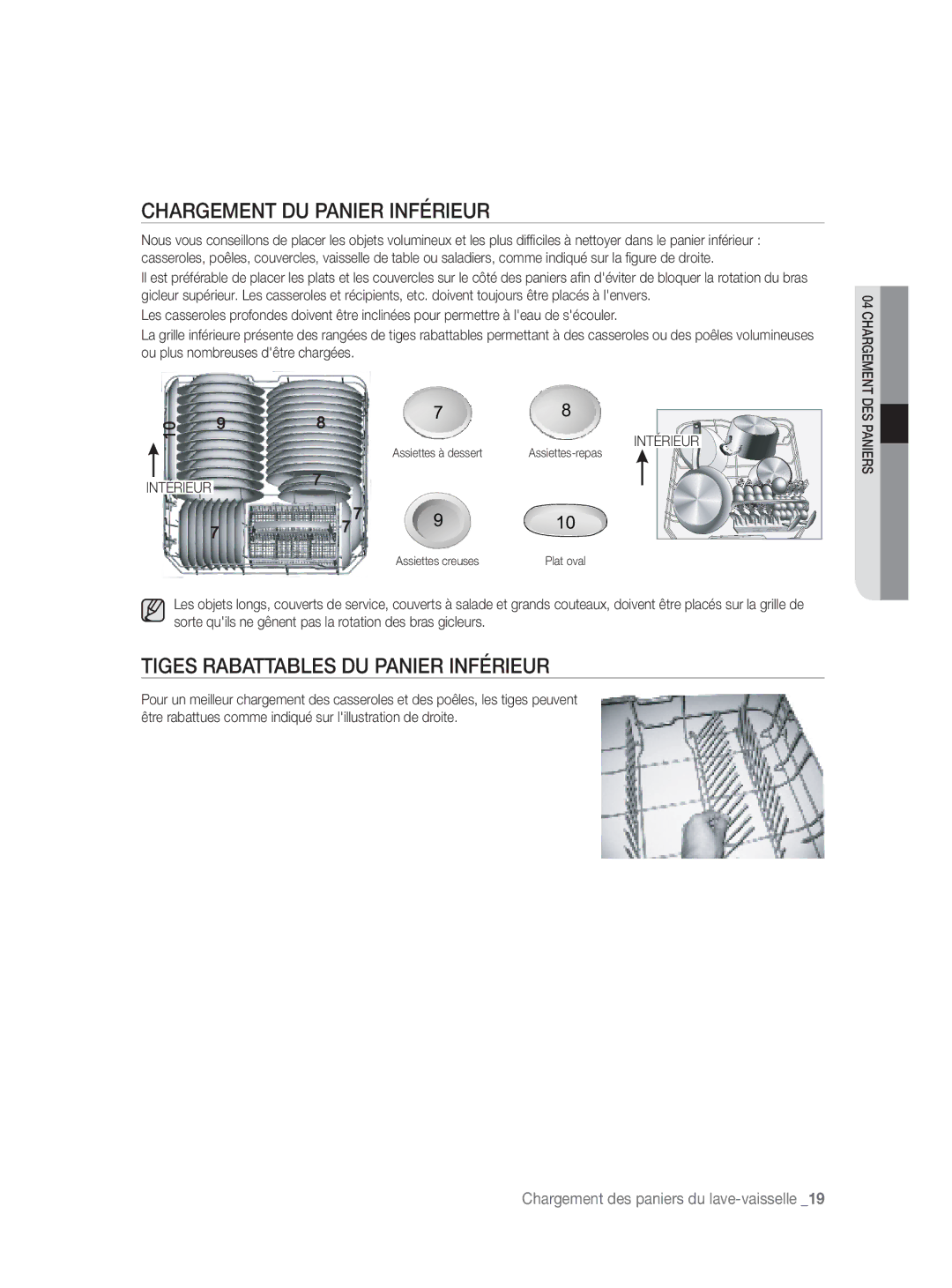 Samsung DW-FN320W/EUR, DW-FN320T/EUR manual Chargement DU Panier Inférieur, Tiges Rabattables DU Panier Inférieur 