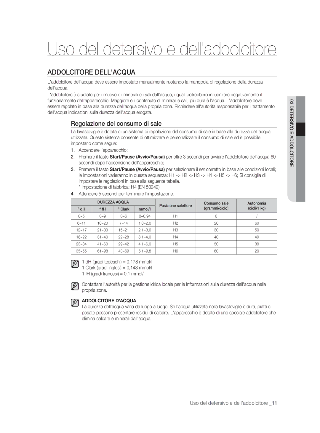 Samsung DW-FN320W/EUR, DW-FN320T/EUR manual Addolcitore Dellacqua, Regolazione del consumo di sale, Addolcitore Dacqua 