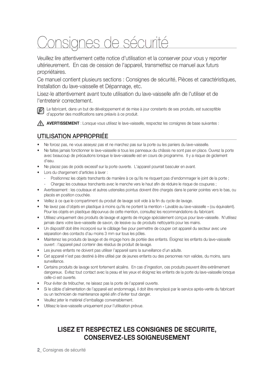 Samsung DW-FN320T/EUR, DW-FN320W/EUR manual Consignes de sécurité, Utilisation Appropriée 