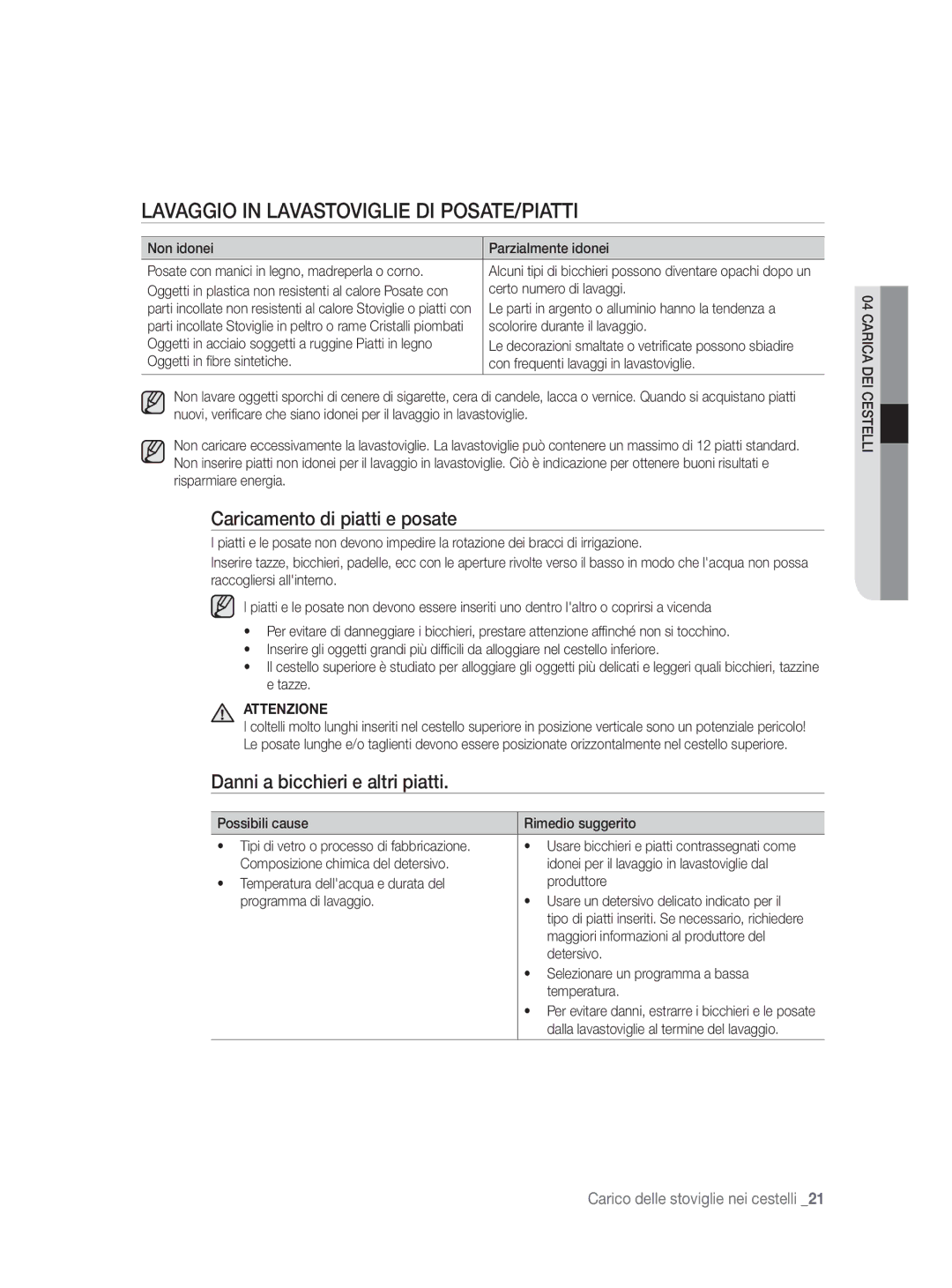 Samsung DW-FN320W/EUR, DW-FN320T/EUR manual Lavaggio in Lavastoviglie DI POSATE/PIATTI, Caricamento di piatti e posate 