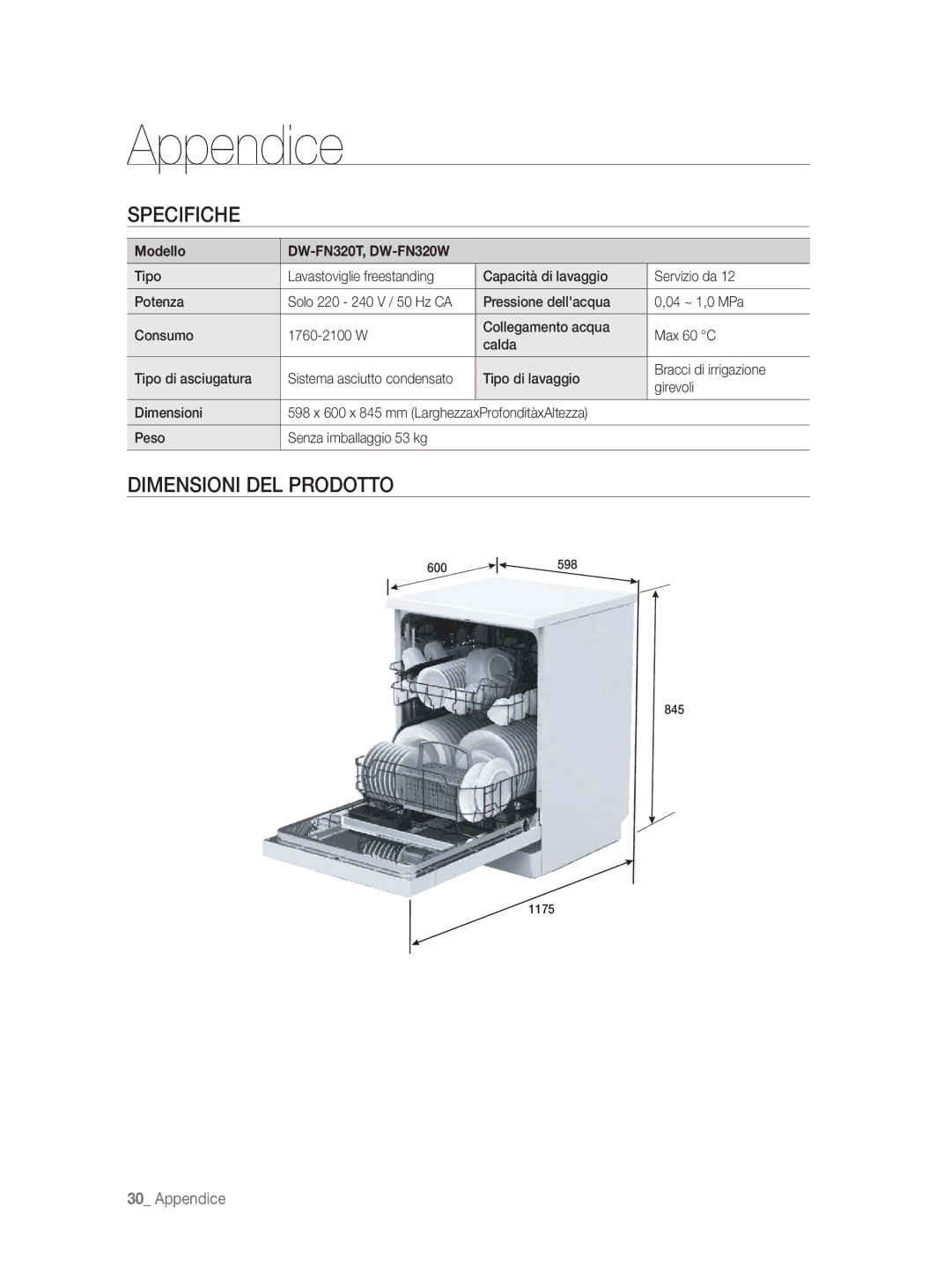 Samsung DW-FN320T/EUR, DW-FN320W/EUR manual Appendice, Specifiche, Dimensioni DEL Prodotto, Modello DW-FN320T, DW-FN320W 