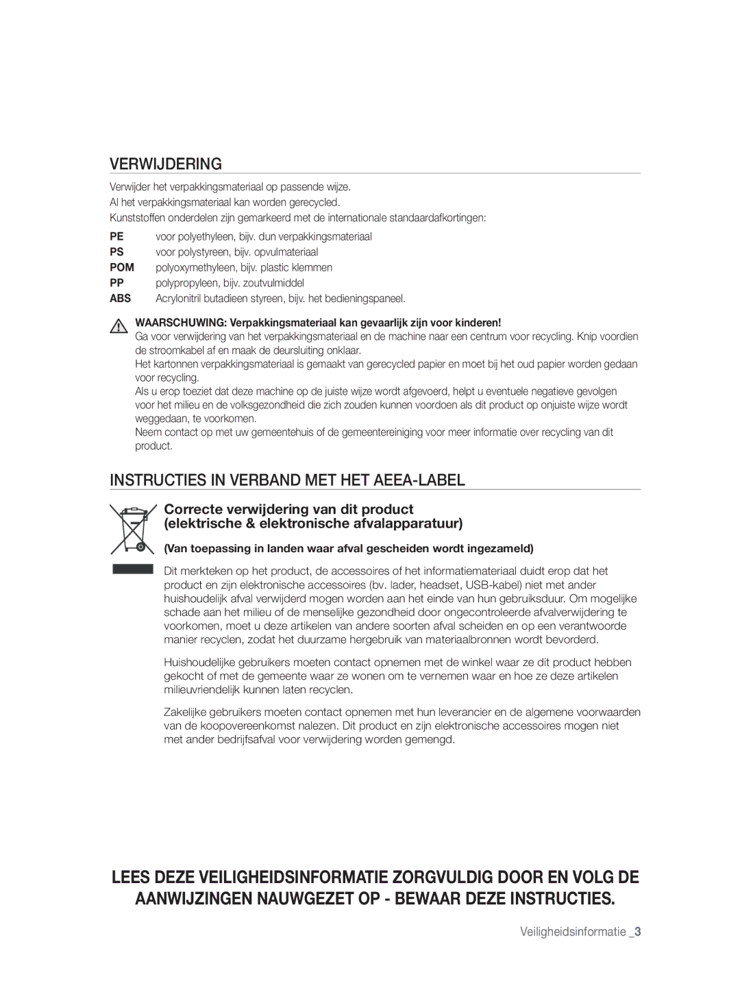 Samsung DW-FN320W/EUR, DW-FN320T/EUR manual Verwijdering, Instructies in Verband MET HET AEEA-LABEL 