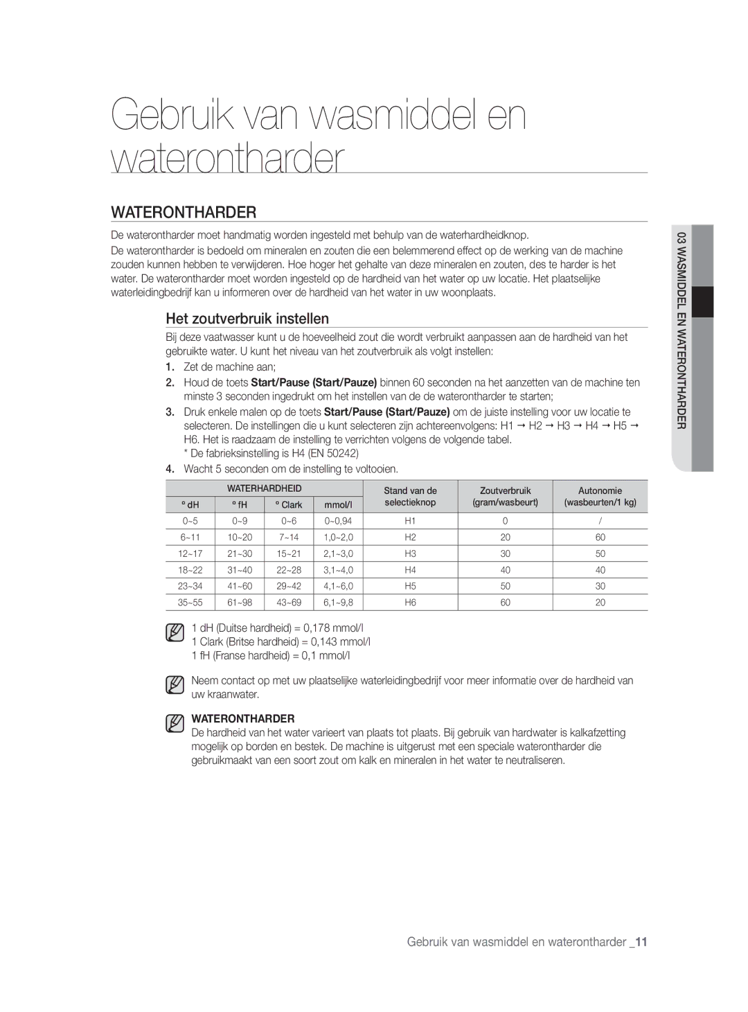 Samsung DW-FN320W/EUR, DW-FN320T/EUR manual Waterontharder, Het zoutverbruik instellen, Zet de machine aan 