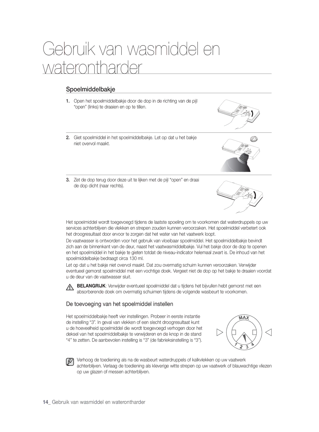 Samsung DW-FN320T/EUR, DW-FN320W/EUR manual Spoelmiddelbakje, De toevoeging van het spoelmiddel instellen 