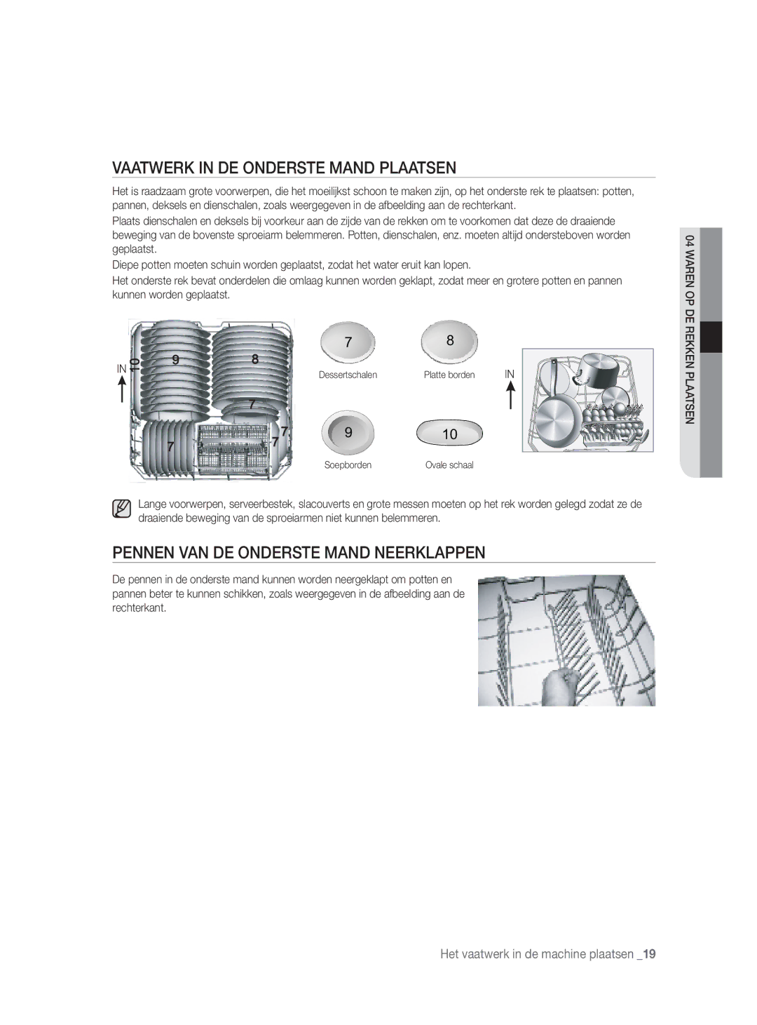 Samsung DW-FN320W/EUR, DW-FN320T/EUR manual Vaatwerk in DE Onderste Mand Plaatsen, Pennen VAN DE Onderste Mand Neerklappen 