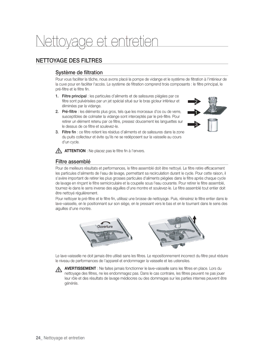 Samsung DW-FN320T/EUR, DW-FN320W/EUR Nettoyage et entretien, Nettoyage DES Filtres, Système de ﬁltration, Filtre assemblé 