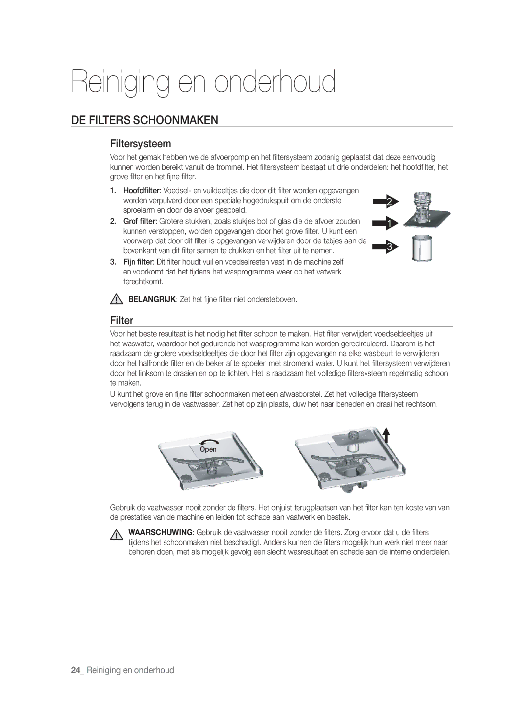 Samsung DW-FN320T/EUR, DW-FN320W/EUR manual Reiniging en onderhoud, DE Filters Schoonmaken, Filtersysteem 