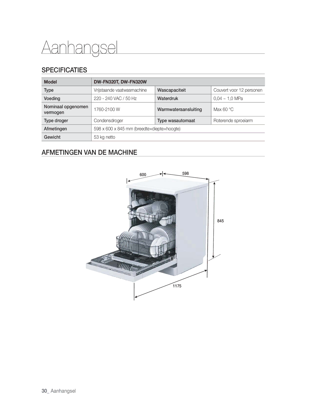 Samsung DW-FN320T/EUR, DW-FN320W/EUR manual Aanhangsel, Specificaties, Afmetingen VAN DE Machine, Wascapaciteit 