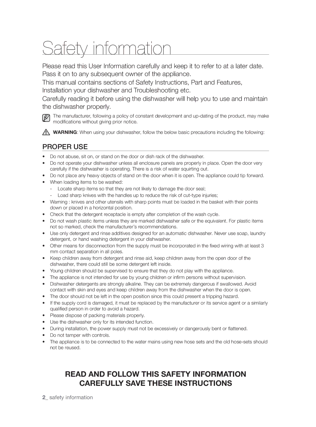 Samsung DW-FN320T/EUR, DW-FN320W/EUR manual Safety information, Proper USE 