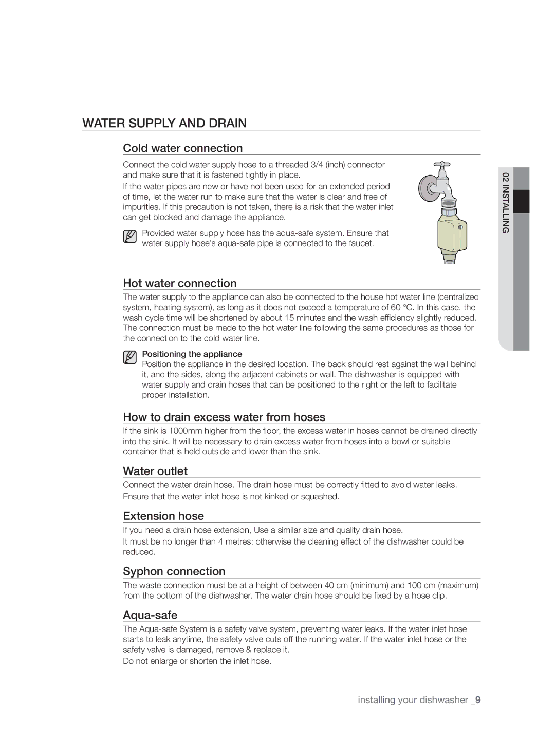 Samsung DW-FN320W/EUR, DW-FN320T/EUR manual Water Supply and Drain 