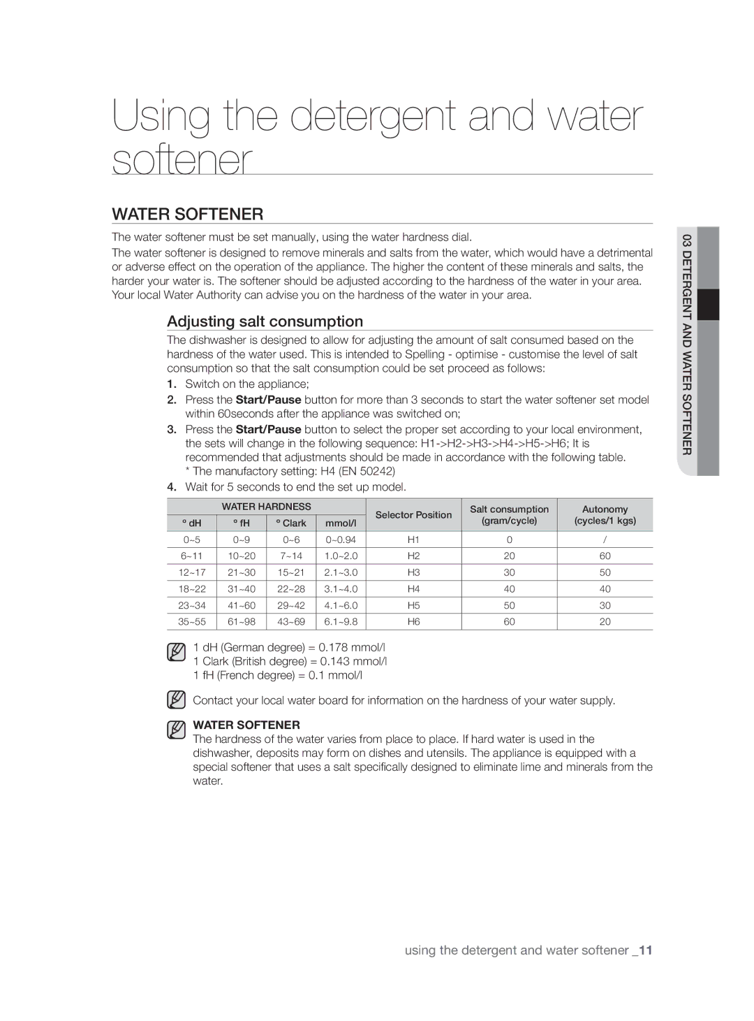 Samsung DW-FN320W/EUR, DW-FN320T/EUR Using the detergent and water softener, Water Softener, Adjusting salt consumption 