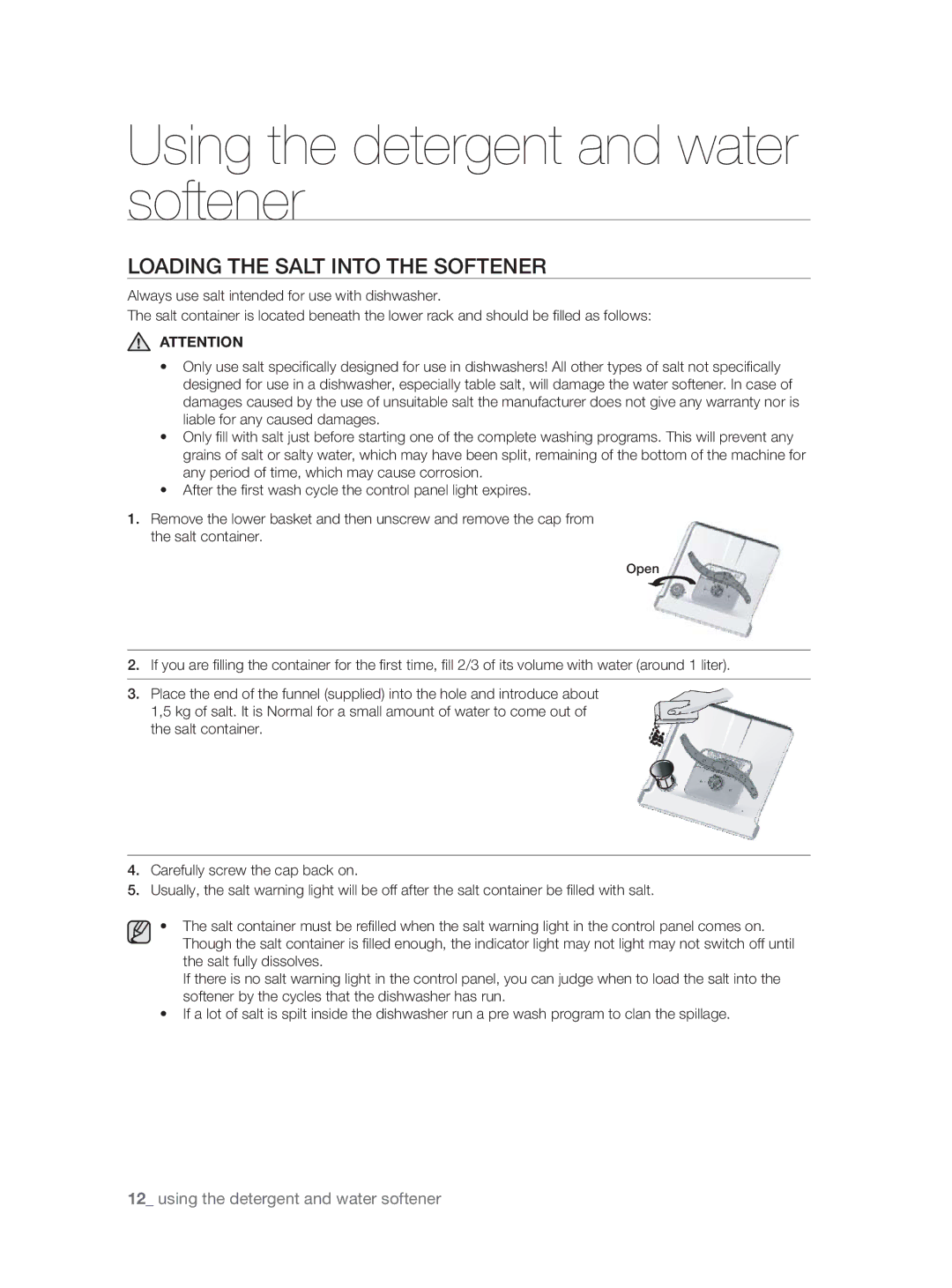 Samsung DW-FN320T/EUR, DW-FN320W/EUR manual Loading the Salt Into the Softener 