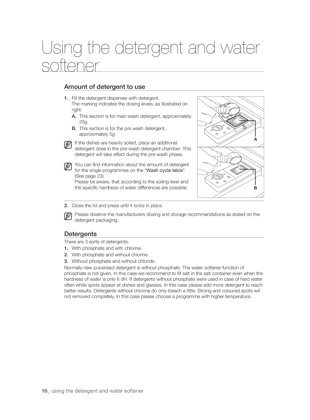 Samsung DW-FN320T/EUR, DW-FN320W/EUR manual Amount of detergent to use, Detergents 