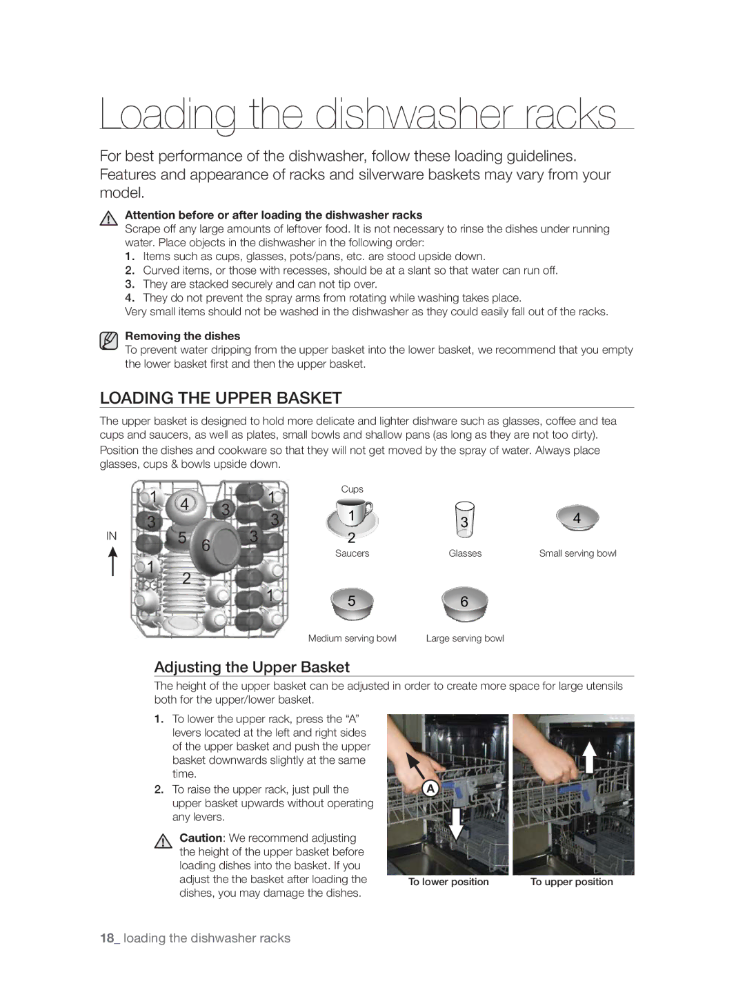 Samsung DW-FN320T/EUR, DW-FN320W/EUR Loading the dishwasher racks, Loading the Upper Basket, Adjusting the Upper Basket 