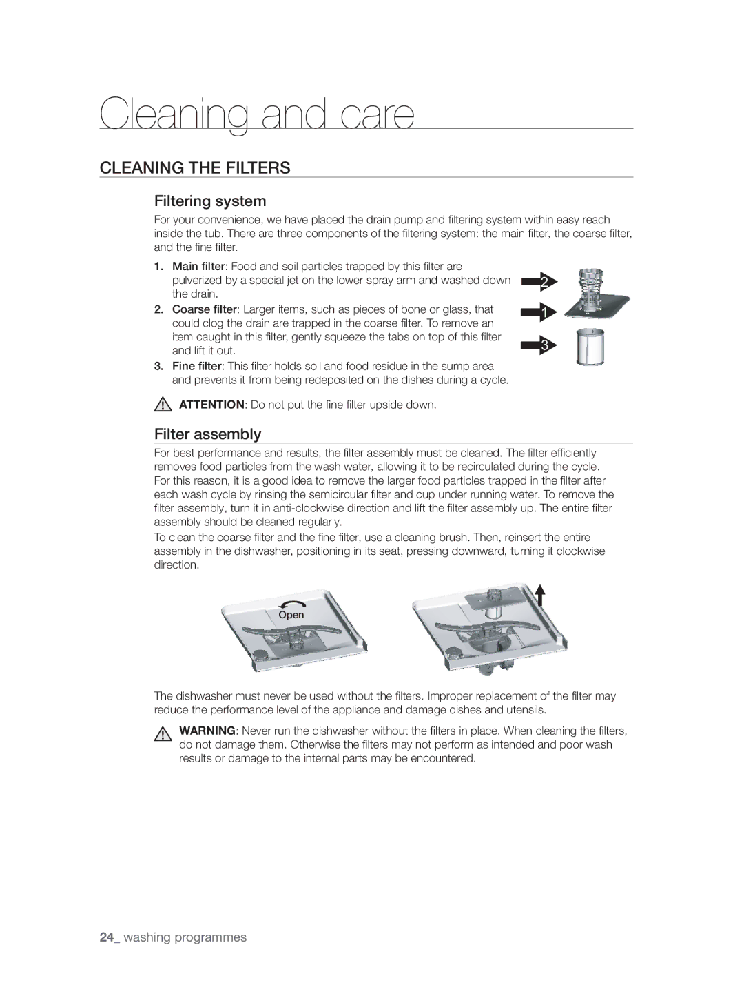 Samsung DW-FN320T/EUR, DW-FN320W/EUR manual Cleaning and care, Cleaning the Filters, Filtering system, Filter assembly 