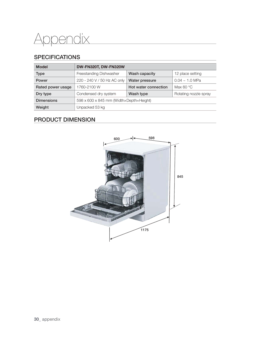 Samsung DW-FN320T/EUR, DW-FN320W/EUR manual Appendix, Specifications, Product Dimension 