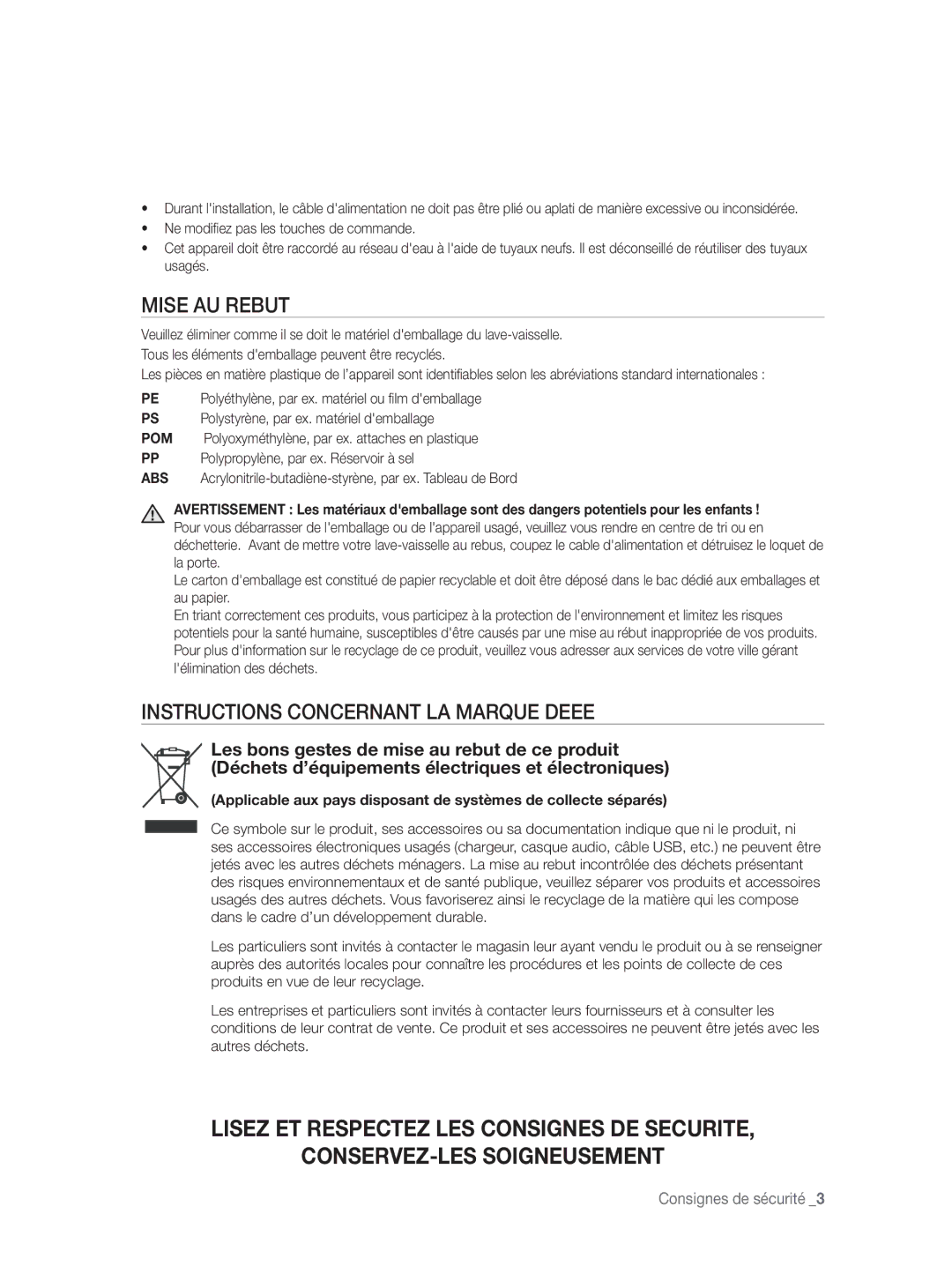 Samsung DW-FN320W/EUR, DW-FN320T/EUR manual Mise AU Rebut, Instructions Concernant LA Marque Deee 