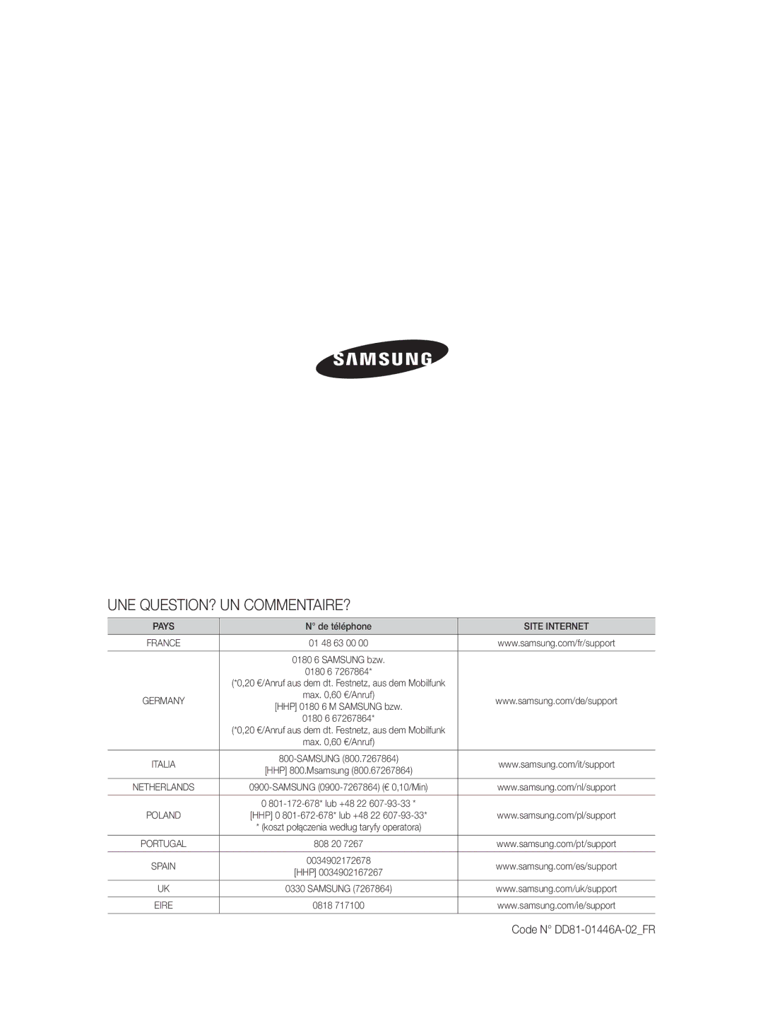 Samsung DW-FN320T/EUR, DW-FN320W/EUR manual Une Question? Un Commentaire?, Code N DD81-01446A-02FR 