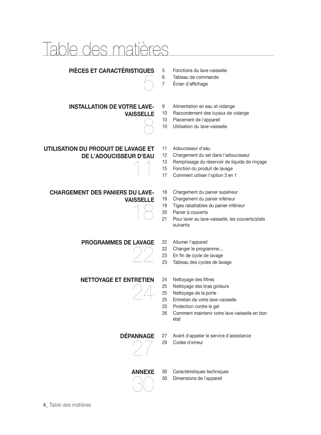 Samsung DW-FN320T/EUR, DW-FN320W/EUR manual Table des matières 