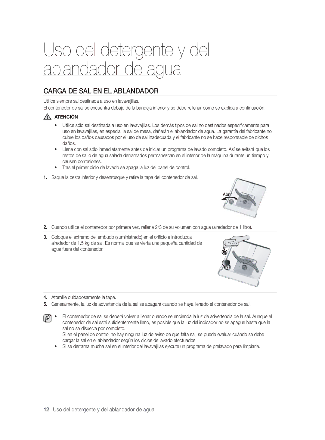 Samsung DW-FN320T/EUR, DW-FN320W/EUR manual Carga DE SAL EN EL Ablandador, Atención 