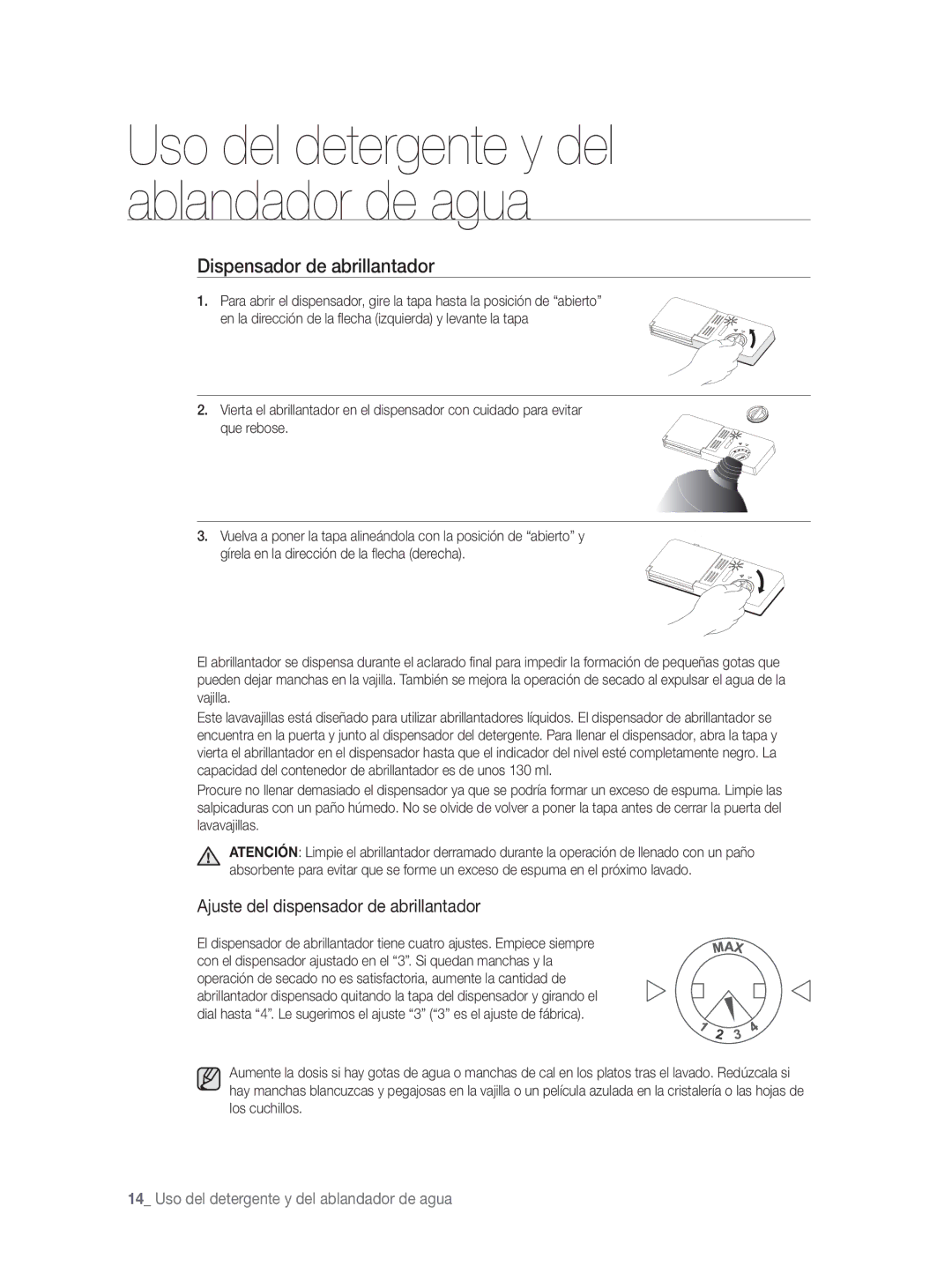 Samsung DW-FN320T/EUR, DW-FN320W/EUR manual Dispensador de abrillantador, Ajuste del dispensador de abrillantador 