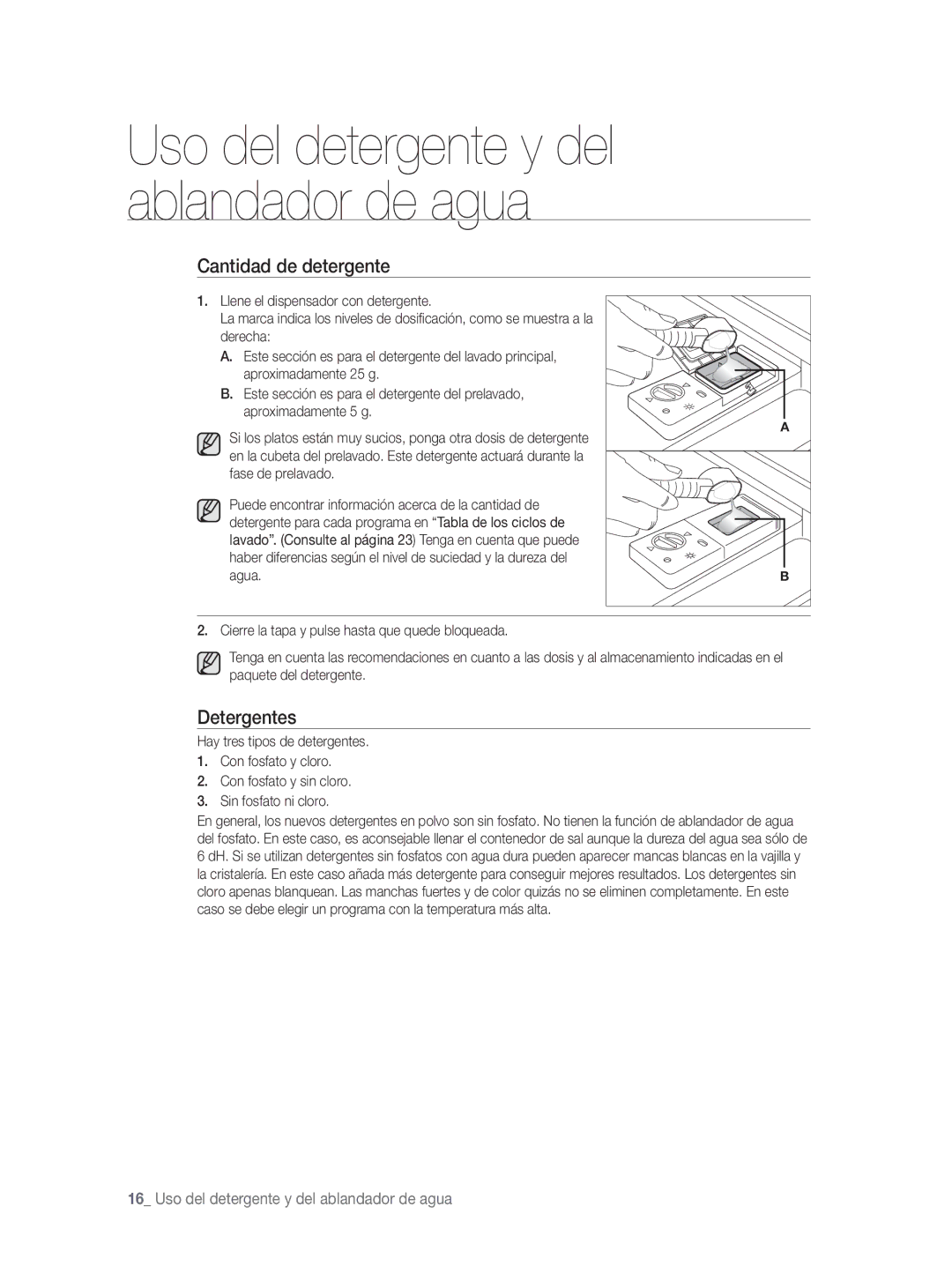 Samsung DW-FN320T/EUR, DW-FN320W/EUR manual Cantidad de detergente, Detergentes 