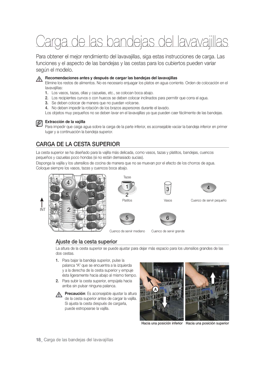 Samsung DW-FN320T/EUR, DW-FN320W/EUR Carga DE LA Cesta Superior, Ajuste de la cesta superior, Extracción de la vajilla 