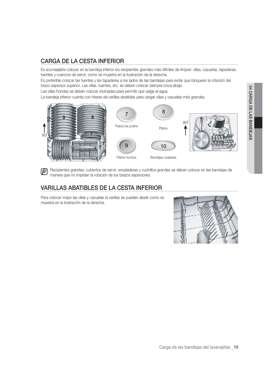 Samsung DW-FN320W/EUR, DW-FN320T/EUR manual Carga DE LA Cesta Inferior, Varillas Abatibles DE LA Cesta Inferior 