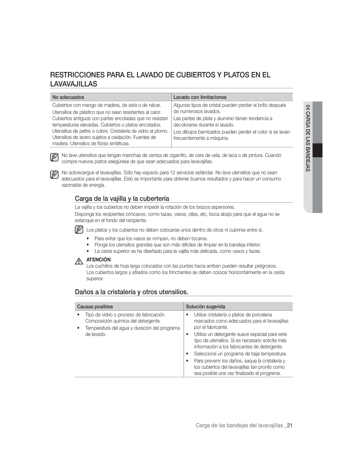 Samsung DW-FN320W/EUR, DW-FN320T/EUR manual Carga de la vajilla y la cubertería, Daños a la cristalería y otros utensilios 