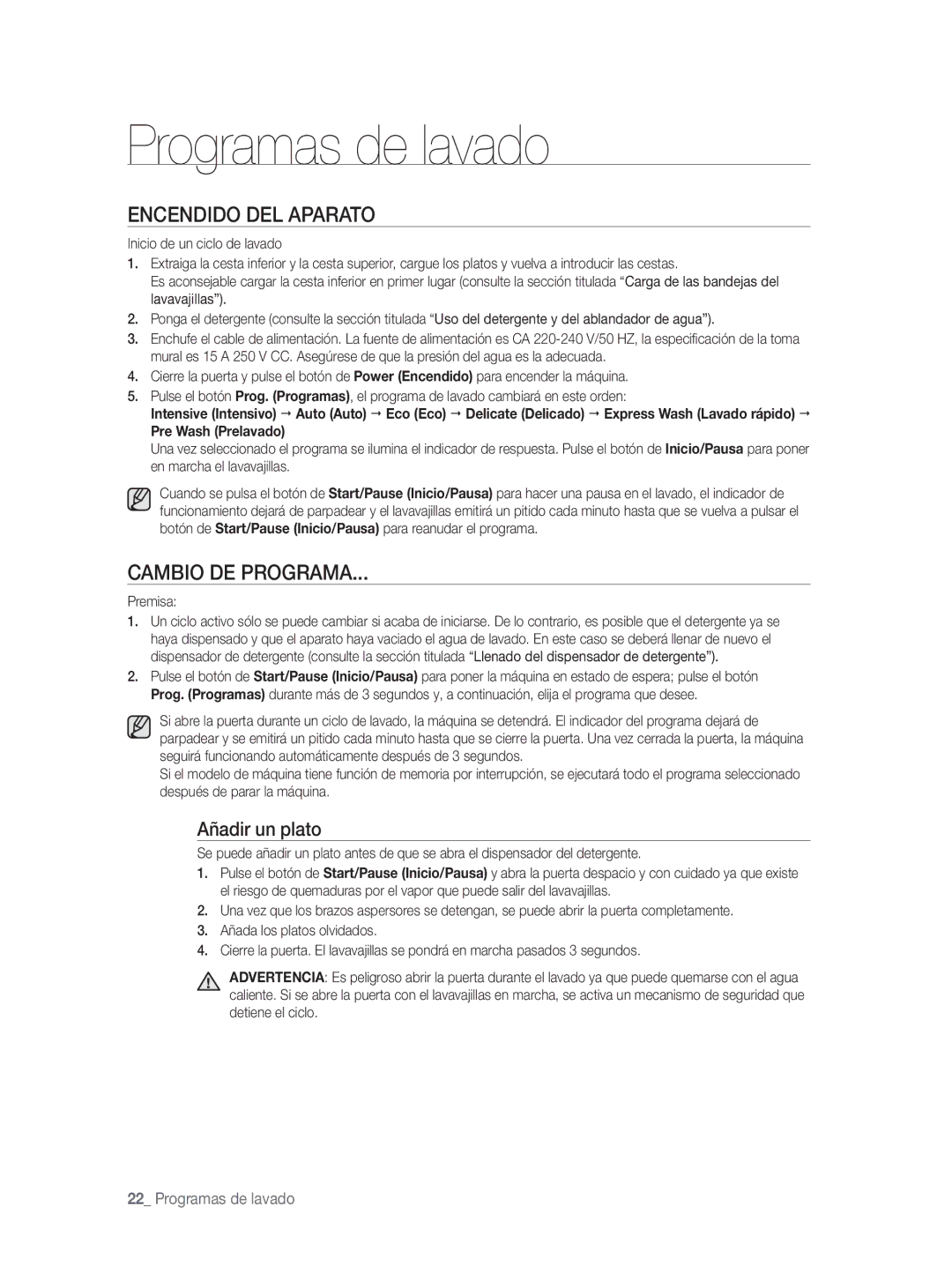 Samsung DW-FN320T/EUR Programas de lavado, Encendido DEL Aparato, Cambio DE Programa, Añadir un plato, Pre Wash Prelavado 