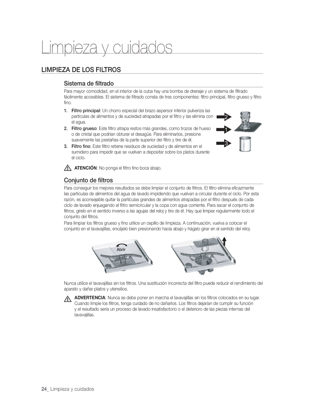 Samsung DW-FN320T/EUR, DW-FN320W/EUR Limpieza y cuidados, Limpieza DE LOS Filtros, Sistema de ﬁltrado, Conjunto de ﬁltros 