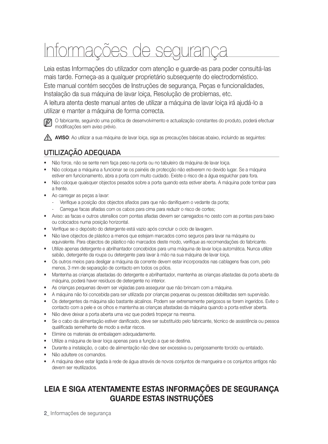 Samsung DW-FN320T/EUR, DW-FN320W/EUR manual Informações de segurança, Utilização Adequada 