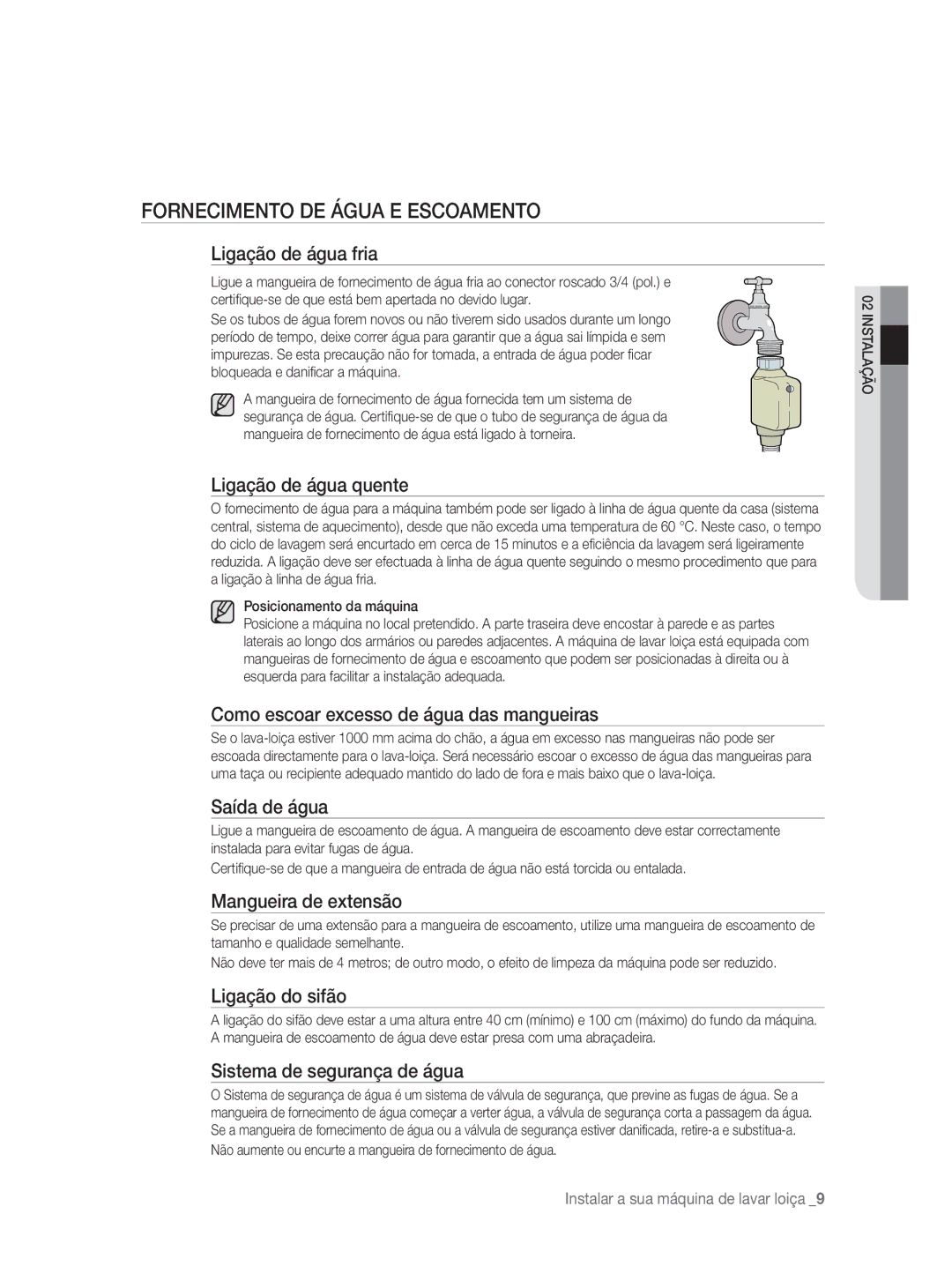 Samsung DW-FN320W/EUR, DW-FN320T/EUR manual Fornecimento DE Água E Escoamento 