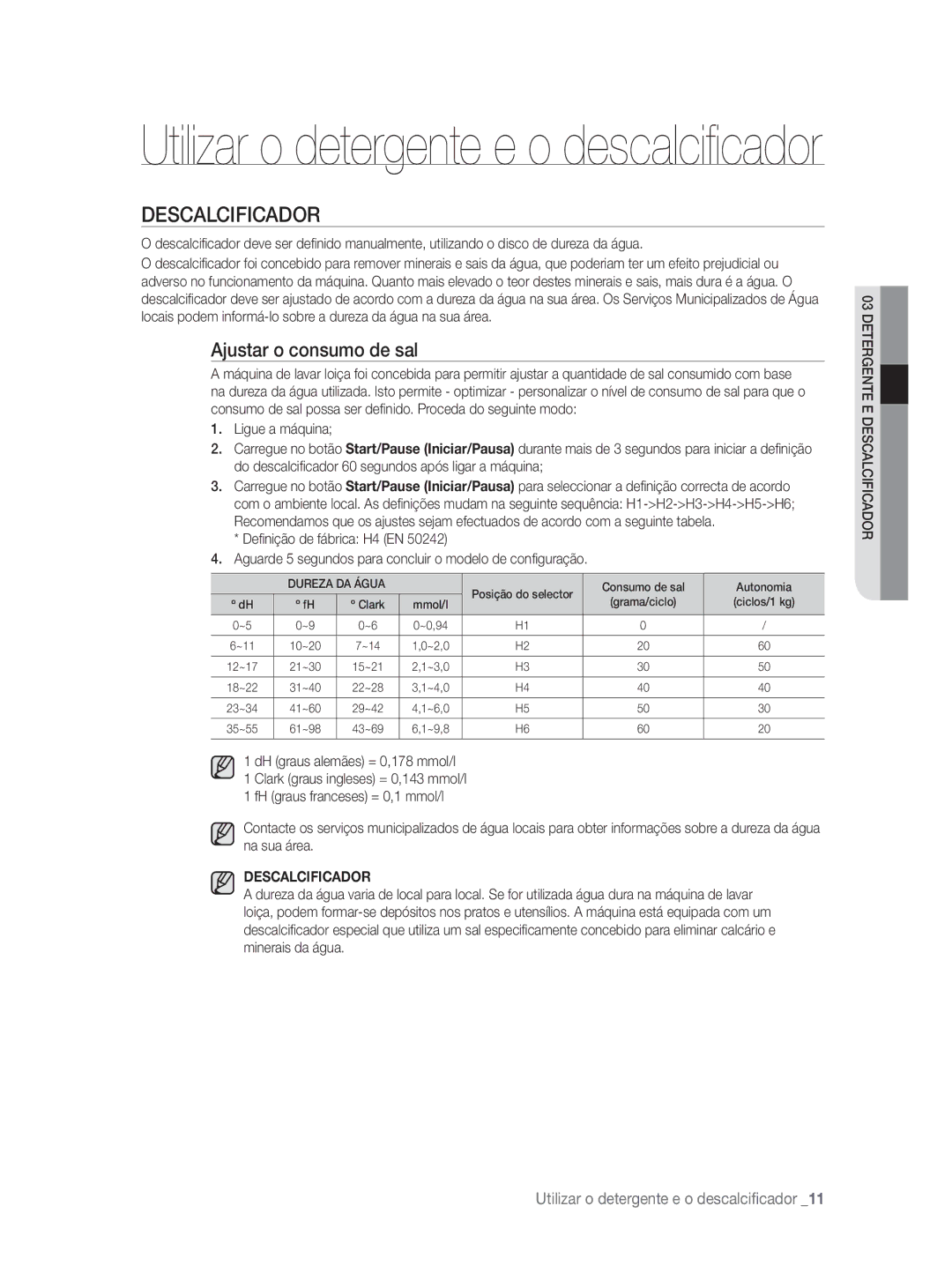 Samsung DW-FN320W/EUR, DW-FN320T/EUR manual Descalcificador, Ajustar o consumo de sal 