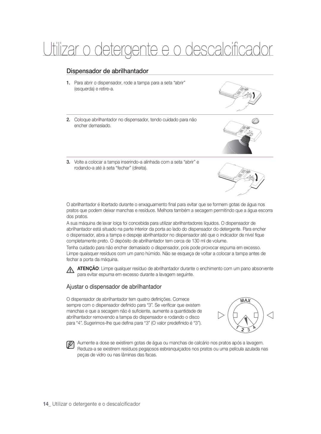 Samsung DW-FN320T/EUR, DW-FN320W/EUR manual Dispensador de abrilhantador, Ajustar o dispensador de abrilhantador 