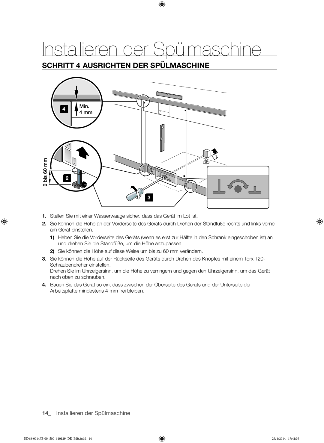 Samsung DW-UG620W/EG, DW-SG970T/XEG, DW-UG970T/EG, DW-UG720T/EG, DW-SG720T/XEG Schritt 4 Ausrichten DER Spülmaschine, Min 