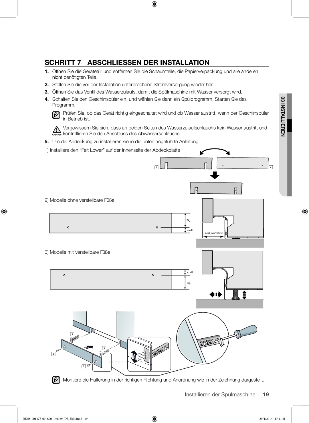 Samsung DW-UG620W/EG, DW-SG970T/XEG, DW-UG970T/EG, DW-UG720T/EG, DW-SG720T/XEG manual Schritt 7 Abschliessen DER Installation 