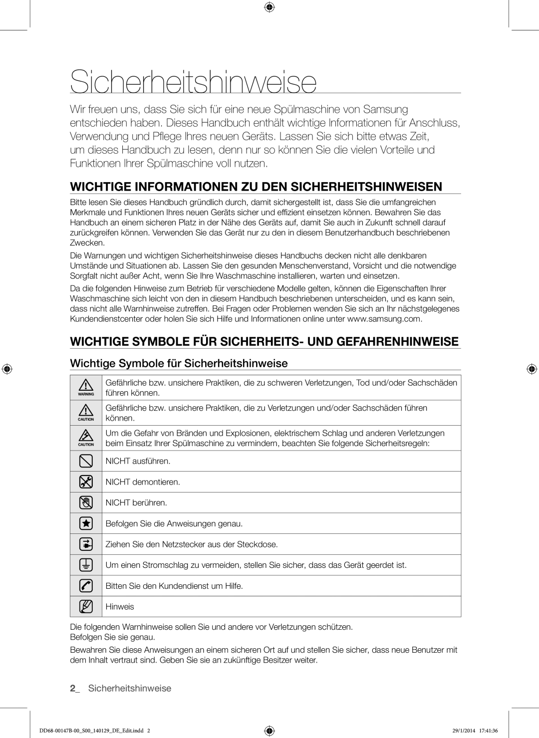 Samsung DW-UG720T/EG Wichtige Informationen ZU DEN Sicherheitshinweisen, Wichtige Symbole für Sicherheitshinweise 