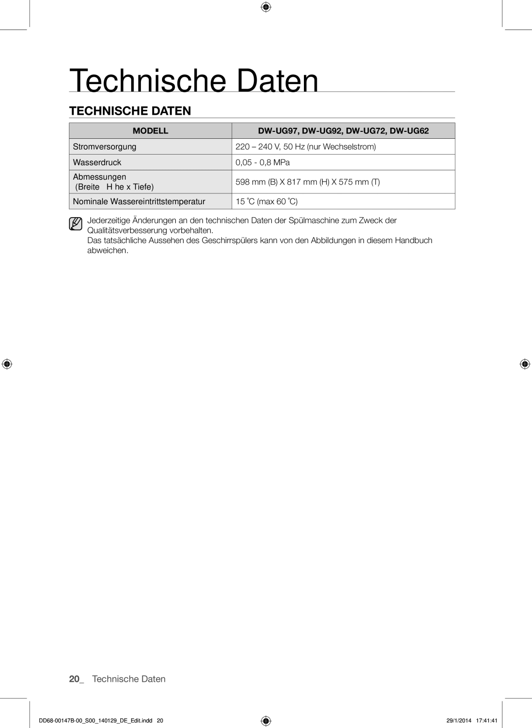 Samsung DW-SG970T/XEG, DW-UG970T/EG, DW-UG720T/EG, DW-SG720T/XEG, DW-UG620W/EG manual Technische Daten 