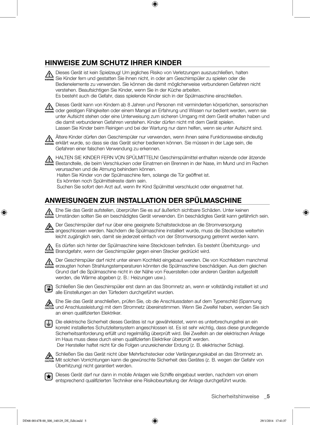 Samsung DW-SG970T/XEG, DW-UG970T/EG manual Hinweise ZUM Schutz Ihrer Kinder, Anweisungen ZUR Installation DER Spülmaschine 