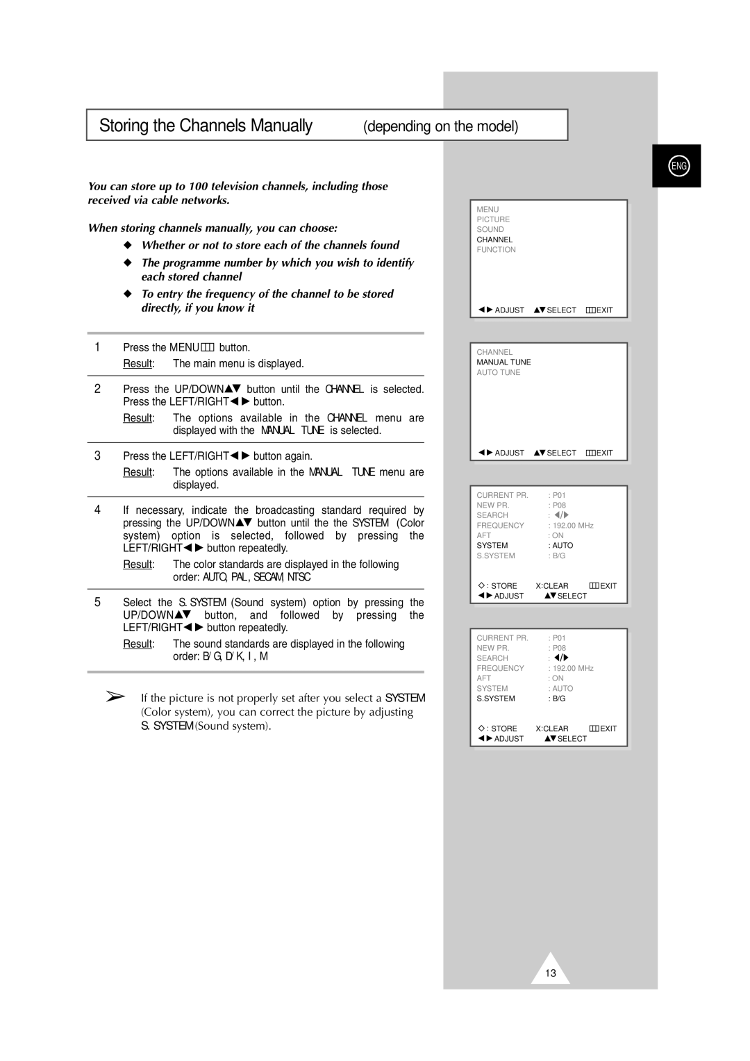 Samsung DS-21G5, DW21G5 manual Storing the Channels Manually depending on the model 